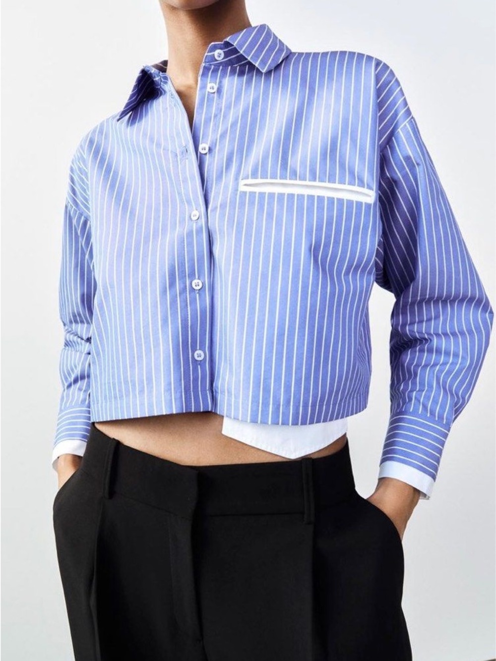 NWOT Zara Cropped Stripe Poplin Shirt L Blue White Preppy Coastal Chic